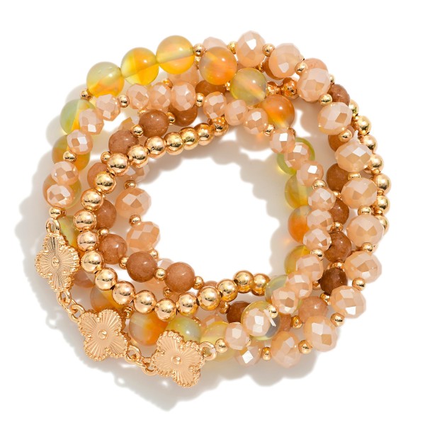 Wholesale set Five Beaded Stretch Bracelets Marble Beads Metal Tones Clovers D