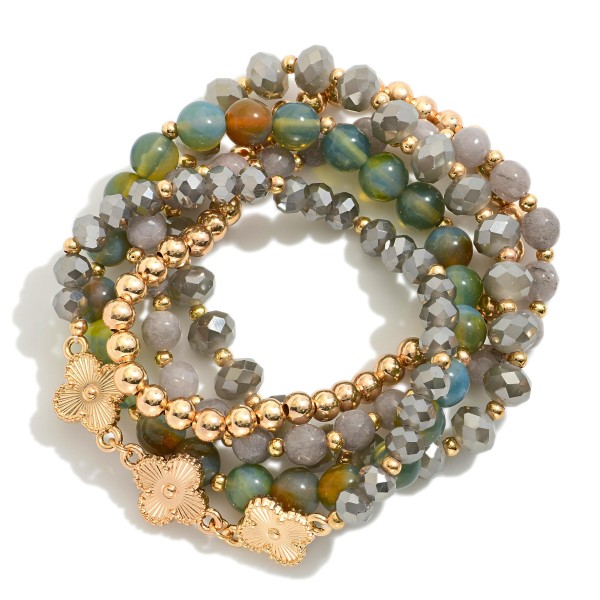 Wholesale set Five Beaded Stretch Bracelets Marble Beads Metal Tones Clovers D