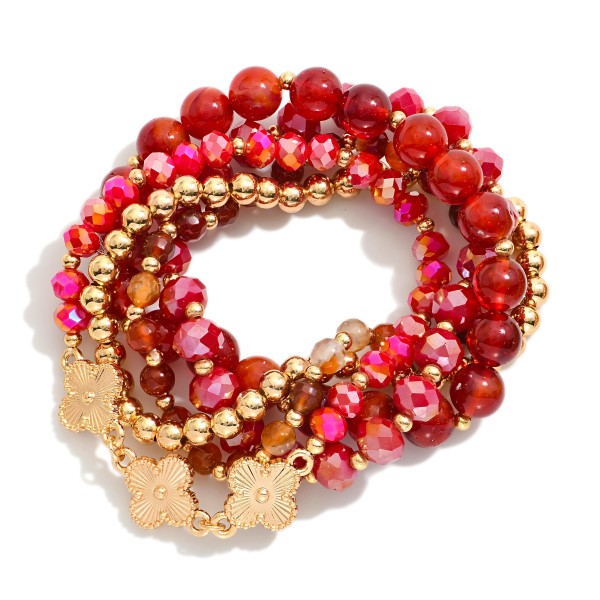 Wholesale set Five Beaded Stretch Bracelets Marble Beads Metal Tones Clovers D