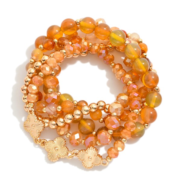 Wholesale set Five Beaded Stretch Bracelets Marble Beads Metal Tones Clovers D