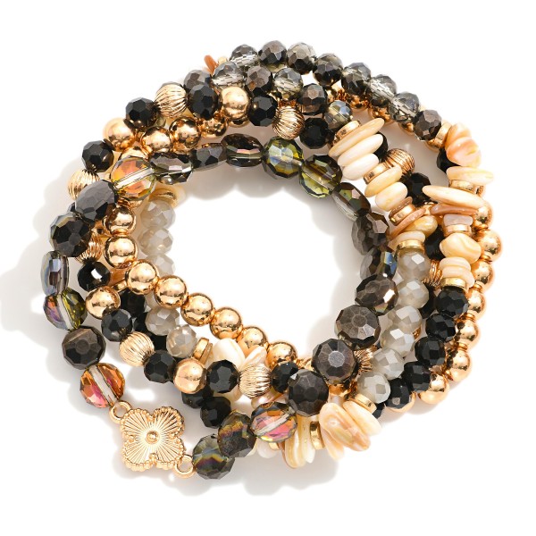 Wholesale set Five Beaded Stretch Bracelets Metal Tones Glass Crystal Shell D