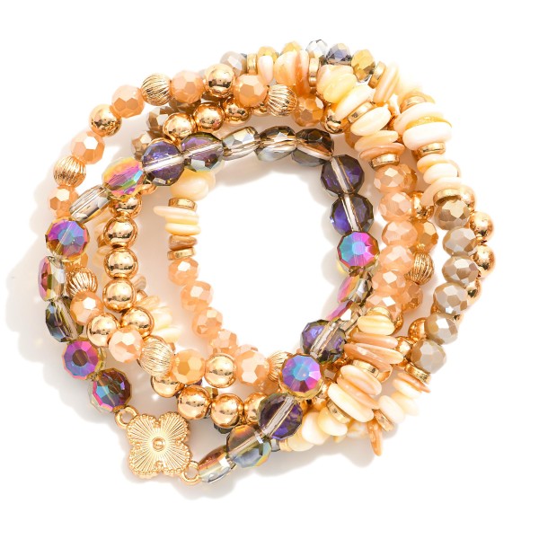 Wholesale set Five Beaded Stretch Bracelets Metal Tones Glass Crystal Shell D