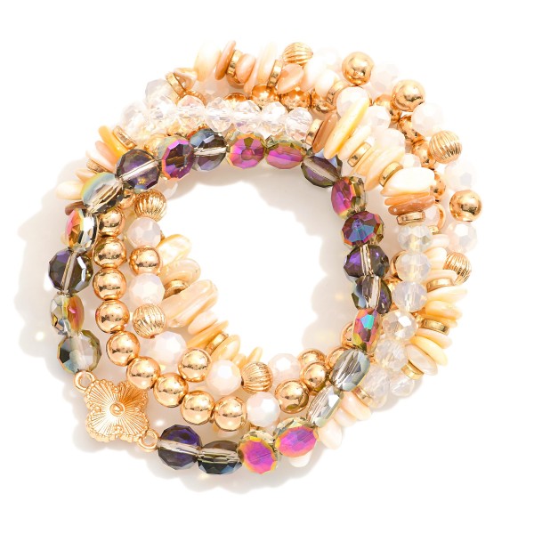 Wholesale set Five Beaded Stretch Bracelets Metal Tones Glass Crystal Shell D