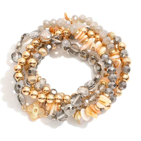 Wholesale set Five Beaded Stretch Bracelets Metal Tones Glass Crystal Shell D