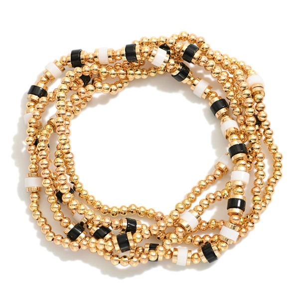 Wholesale set Five Beaded Stretch Bracelets Metal Tones Disc Beads L