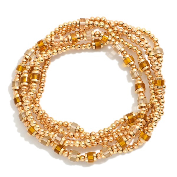 Wholesale set Five Beaded Stretch Bracelets Metal Tones Disc Beads L