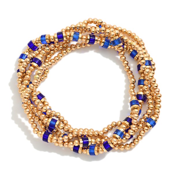 Wholesale set Five Beaded Stretch Bracelets Metal Tones Disc Beads L
