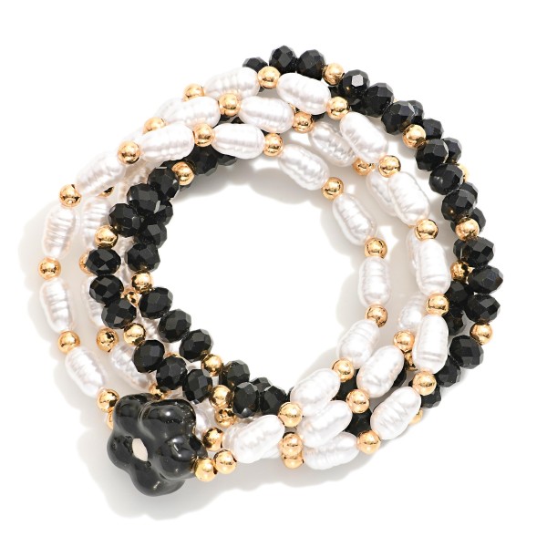 Wholesale set Five Beaded Stretch Bracelets Pearls Faceted Beads Ceramic Flower