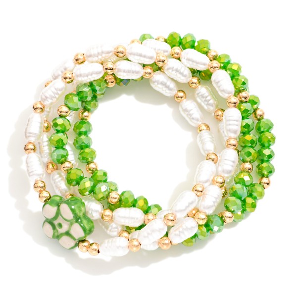 Wholesale set Five Beaded Stretch Bracelets Pearls Faceted Beads Ceramic Flower