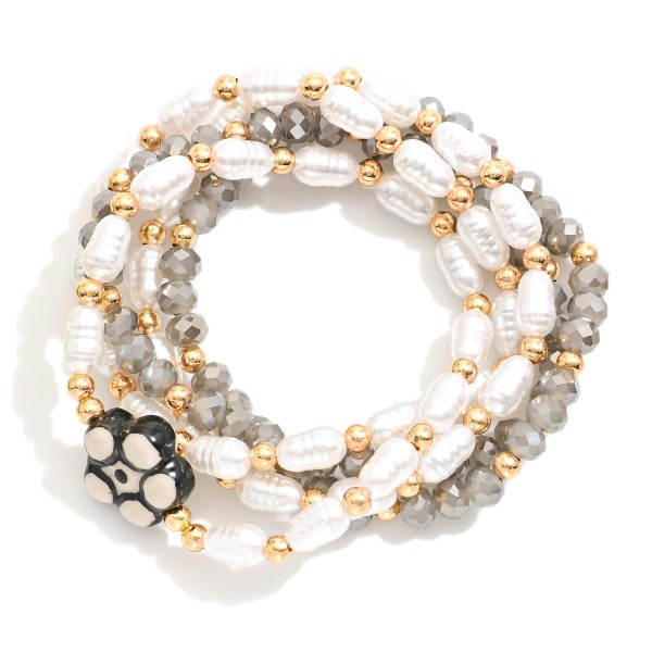Wholesale set Five Beaded Stretch Bracelets Pearls Faceted Beads Ceramic Flower