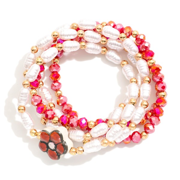 Wholesale set Five Beaded Stretch Bracelets Pearls Faceted Beads Ceramic Flower