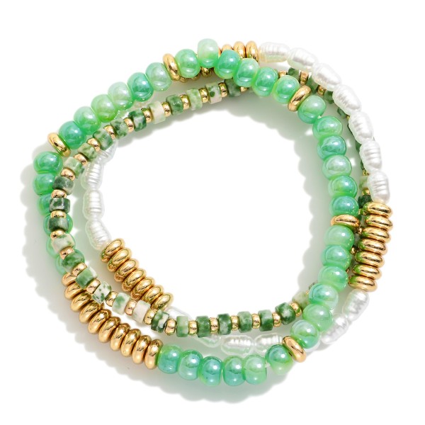 Wholesale set Three Beaded Stretch Bracelets Pearls Metal Tones Stone Beads D