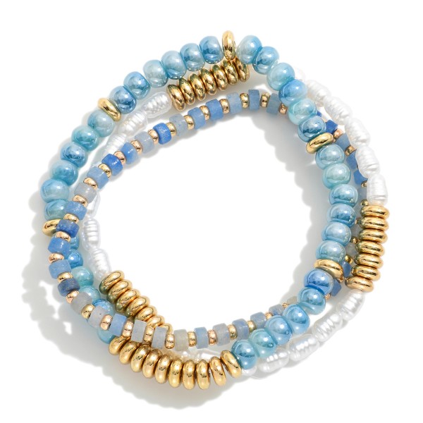 Wholesale set Three Beaded Stretch Bracelets Pearls Metal Tones Stone Beads D