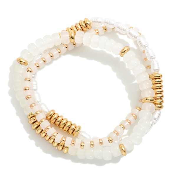 Wholesale set Three Beaded Stretch Bracelets Pearls Metal Tones Stone Beads D