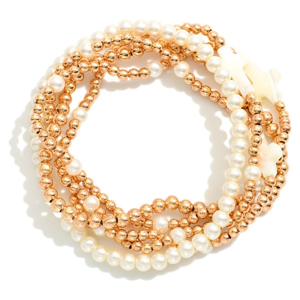 Wholesale set Five Beaded Stretch Bracelets Metal Tones Pearls East West Cross S