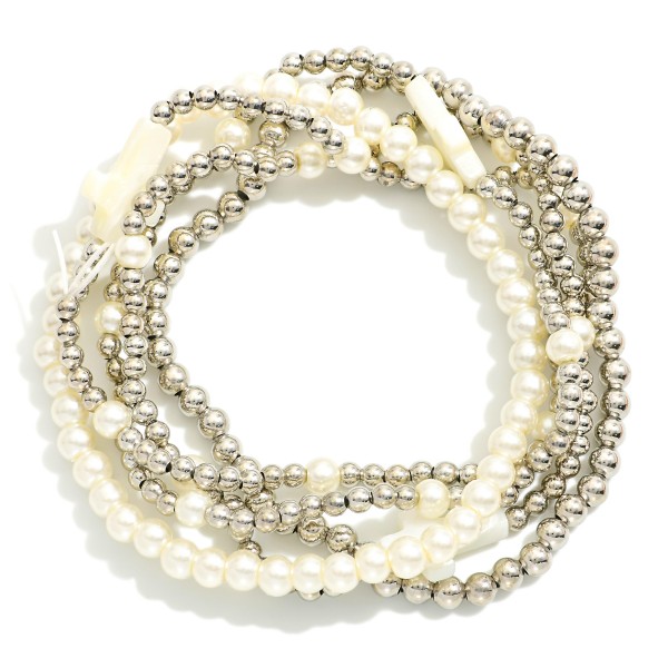 Wholesale set Five Beaded Stretch Bracelets Metal Tones Pearls East West Cross S