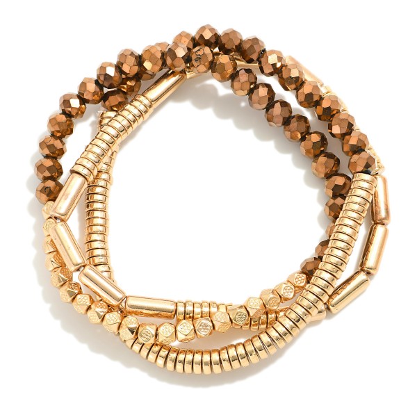 Wholesale set Three Beaded Stretch Bracelets Faceted Beads Metal Tube Beads Meta
