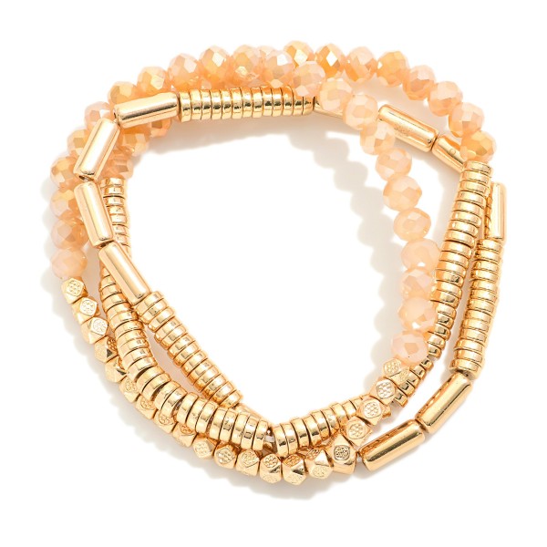Wholesale set Three Beaded Stretch Bracelets Faceted Beads Metal Tube Beads Meta