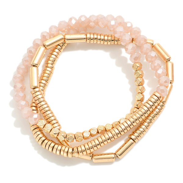 Wholesale set Three Beaded Stretch Bracelets Faceted Beads Metal Tube Beads Meta