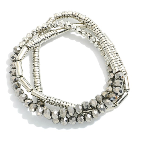 Wholesale set Three Beaded Stretch Bracelets Faceted Beads Metal Tube Beads Meta