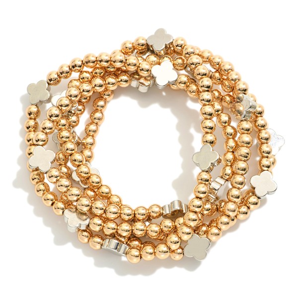 Wholesale set Five Metal Beaded Stretch Bracelets Clover Stations D