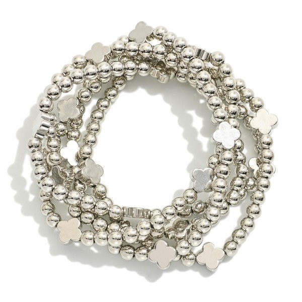 Wholesale set Five Metal Beaded Stretch Bracelets Clover Stations D