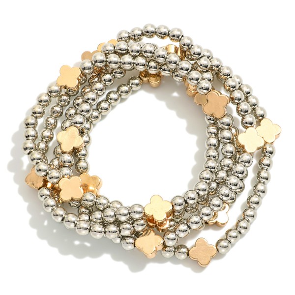 Wholesale set Five Metal Beaded Stretch Bracelets Clover Stations D
