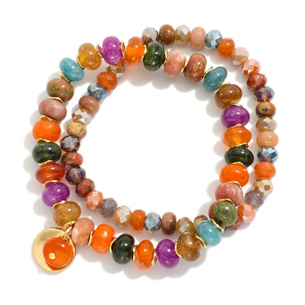 Wholesale set Two Natural Stone Beaded Bracelets Metal Stone Charms D