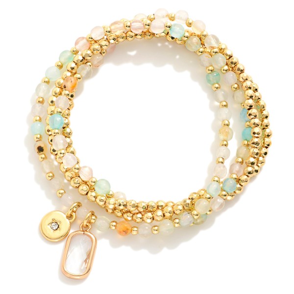 Wholesale set Four Natural Stone Metal Beaded Stretch Bracelets Glass Crystal Ch