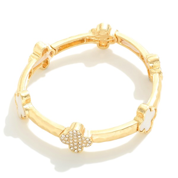 Wholesale hammered Metal Stretch Bracelet Pave Rhinestone Pearl Clovers D