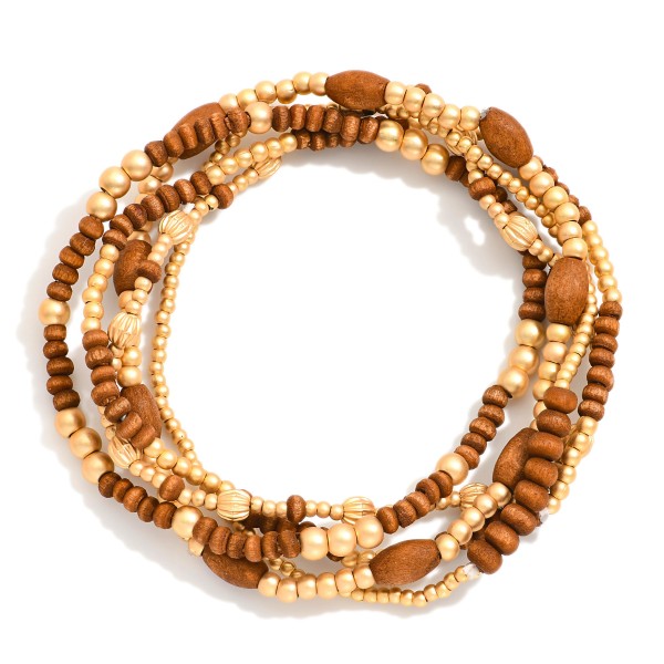 Wholesale set Five Beaded Stretch Bracelets Metal Tones Wood Beads D
