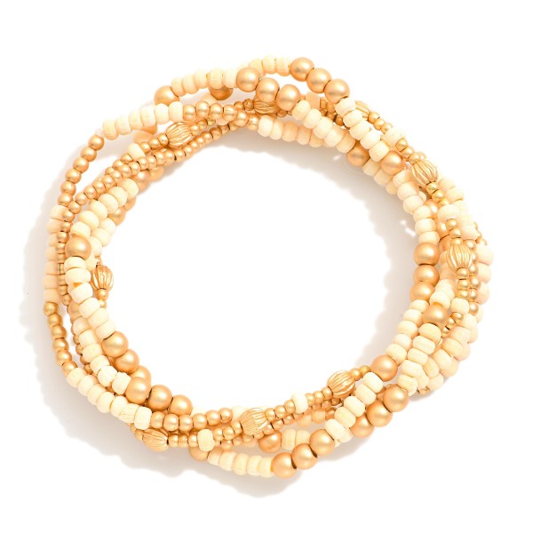 Wholesale set Five Beaded Stretch Bracelets Metal Tones Wood Beads D