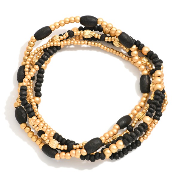 Wholesale set Five Beaded Stretch Bracelets Metal Tones Wood Beads D