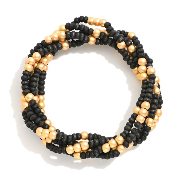 Wholesale set Five Beaded Stretch Bracelets Metal Tones Wood Beads L