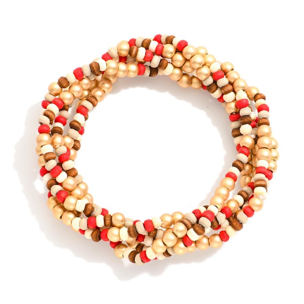 Wholesale set Five Beaded Stretch Bracelets Metal Tones Wood Beads L