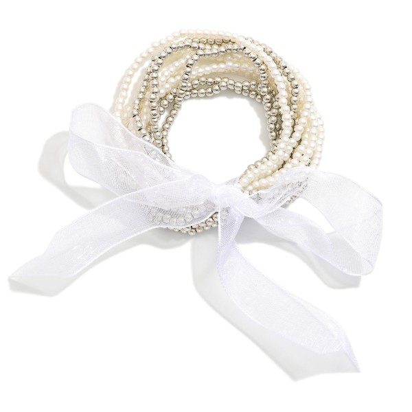 Wholesale set Ten Beaded Stretch Bracelets Pearl Metal Tones L