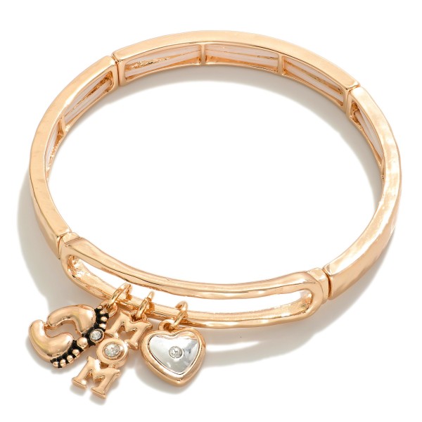 Metal Stretch Bangle Bracelet Featuring 'MOM', Heart And Baby Feet Charms

- Approximately 2.5" D