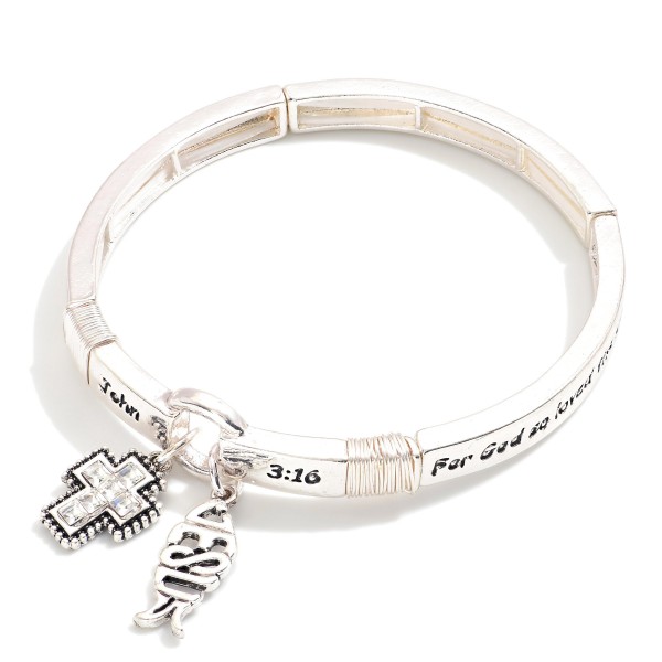 Wholesale metal John Engraved Stretch Bangle Rhinestone Cross Jesus Fish Charms