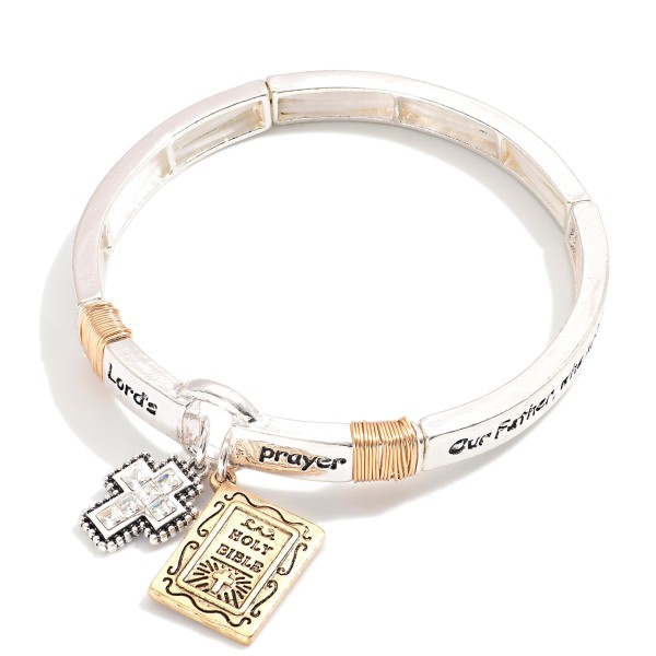 Wholesale metal Lord s Prayer Engraved Stretch Bangle Cross Rhinestone Charms D