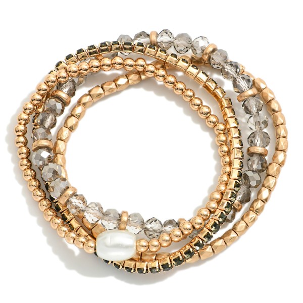 Wholesale set Four Beaded Stretch Bracelets Faceted Beads Metal Tones Rhinestone