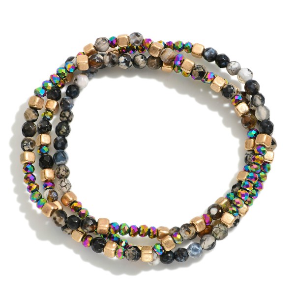 Wholesale set Three Beaded Stretch Bracelets Stone Faceted Beads Metal Tones D