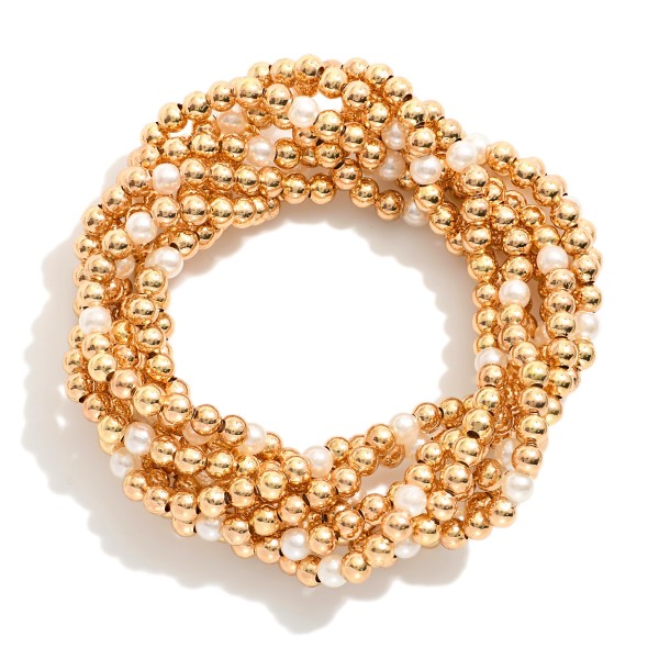 Wholesale set Seven Metal Beaded Stretch Bracelets Pearl Details D