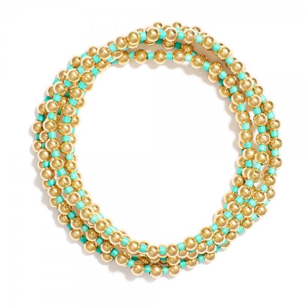 Wholesale set Five Beaded Stretch Bracelets Metal Tones Disk Beads D
