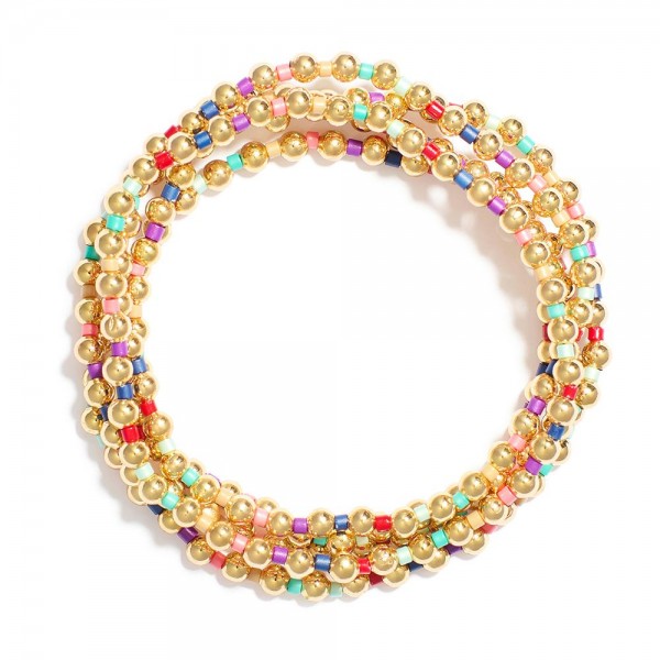 Set Of Five Beaded Stretch Bracelets Featuring Metal Tones & Disk Beads
- Approximately 3" D