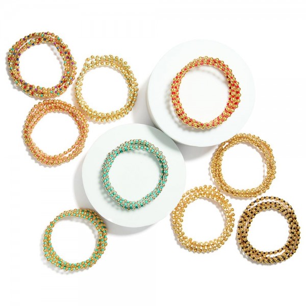 Set Of Five Beaded Stretch Bracelets Featuring Metal Tones & Disk Beads
- Approximately 3" D