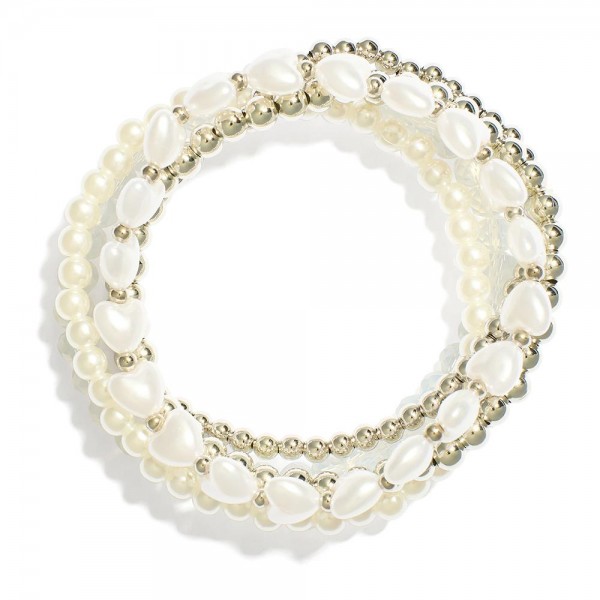 Wholesale set Five Beaded Stretch Bracelets Metal Tones Pearls Hearts D