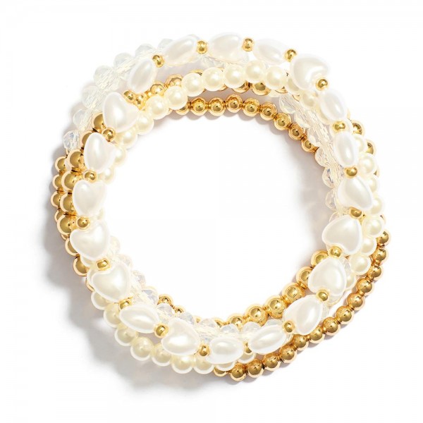 Wholesale set Five Beaded Stretch Bracelets Metal Tones Pearls Hearts D