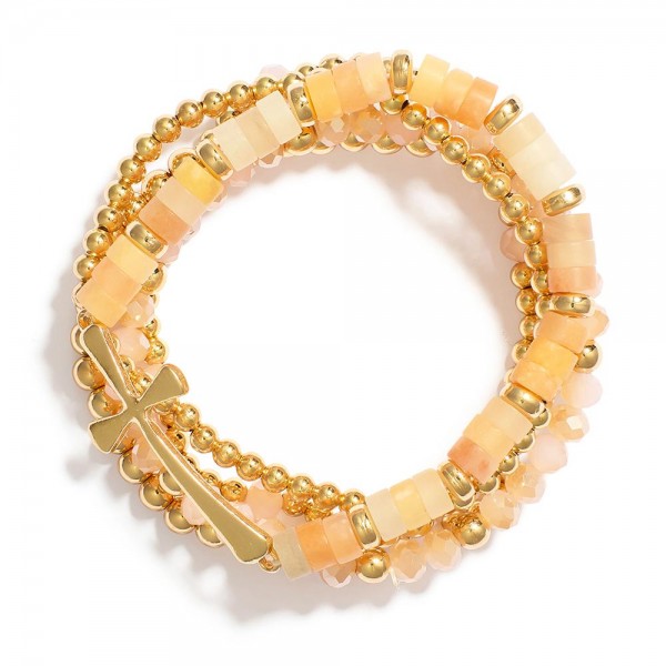Wholesale set Five Beaded Bracelets Metal Tones Stone Disk Beads East West Cross