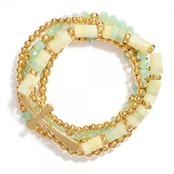 Wholesale set Five Beaded Bracelets Metal Tones Stone Disk Beads East West Cross
