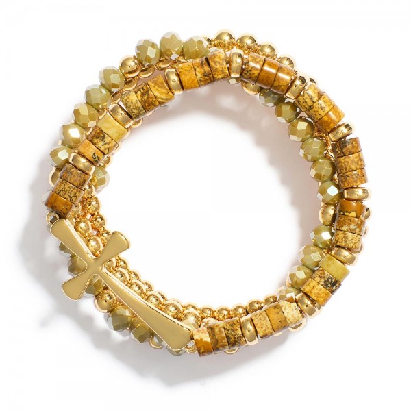Wholesale set Five Beaded Bracelets Metal Tones Stone Disk Beads East West Cross